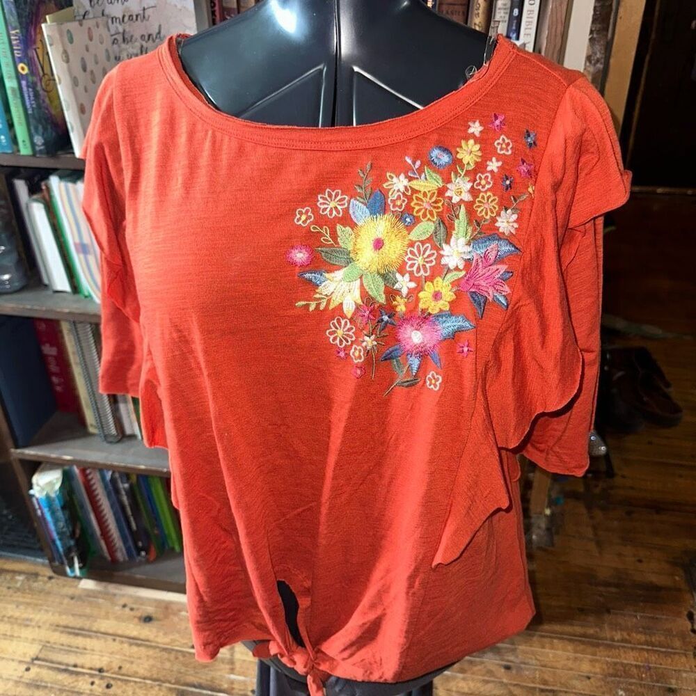Umgee embroidered boho flowy orange S ruffled blouse